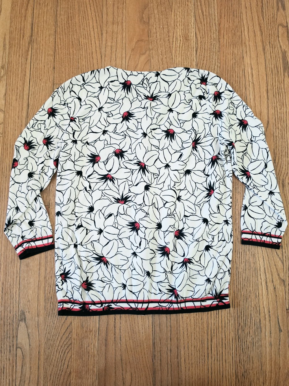 Talbots White Cardigan with Black Floral Print & Red Trim Size S - Picture 4 of 4